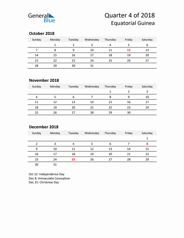 2018 Q4 Three-Month Calendar for Equatorial Guinea