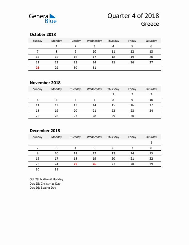 2018 Q4 Three-Month Calendar for Greece