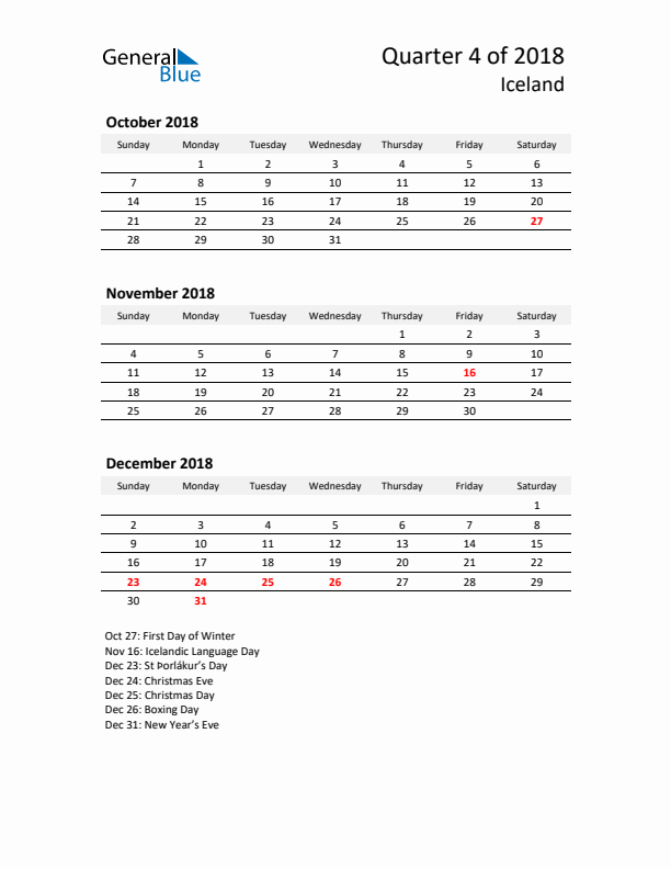 2018 Q4 Three-Month Calendar for Iceland