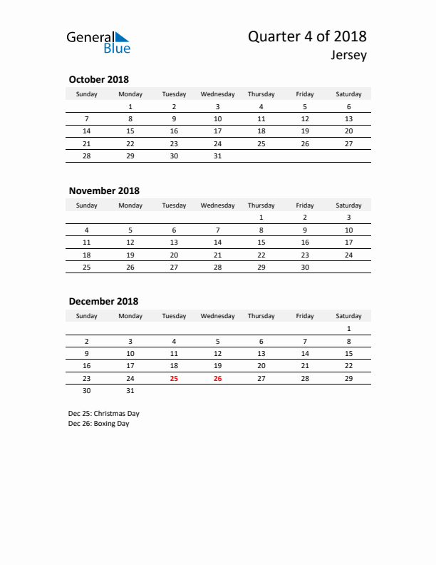 2018 Q4 Three-Month Calendar for Jersey