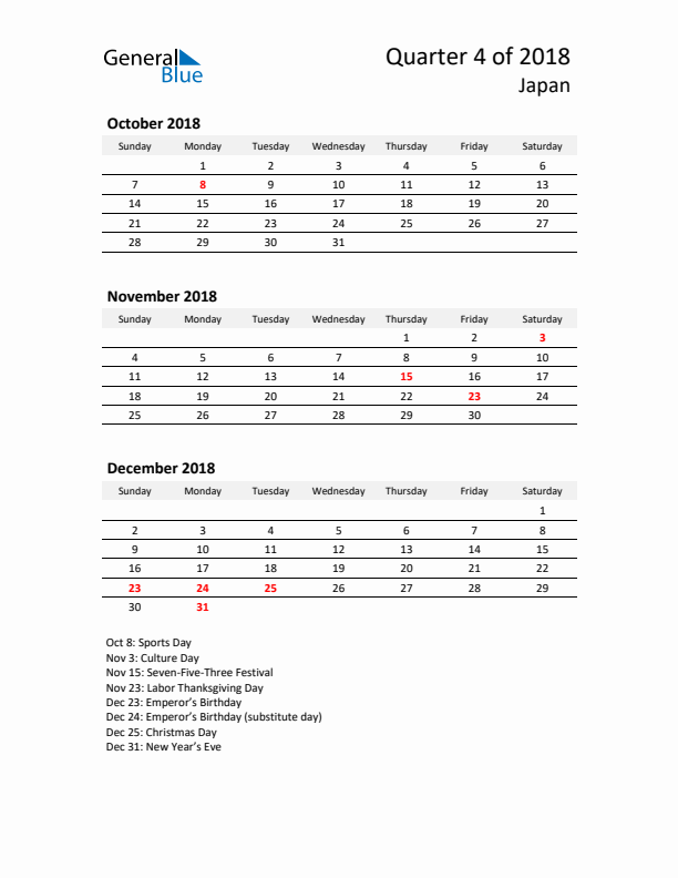 2018 Q4 Three-Month Calendar for Japan