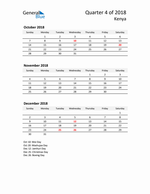 2018 Q4 Three-Month Calendar for Kenya