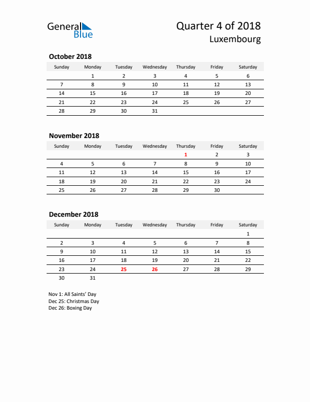 2018 Q4 Three-Month Calendar for Luxembourg