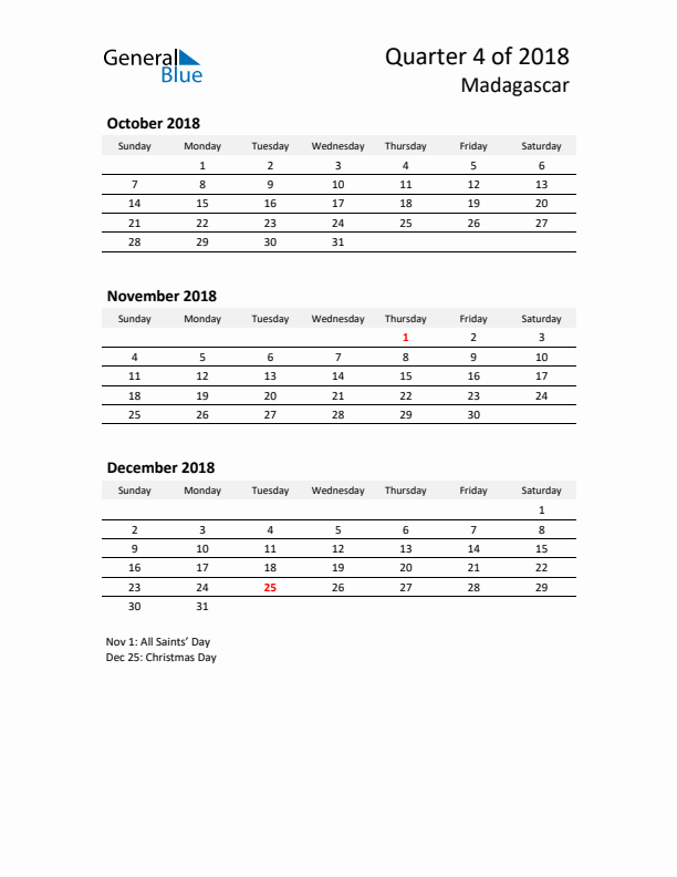 2018 Q4 Three-Month Calendar for Madagascar