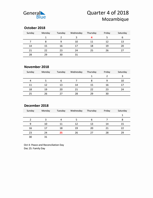 2018 Q4 Three-Month Calendar for Mozambique