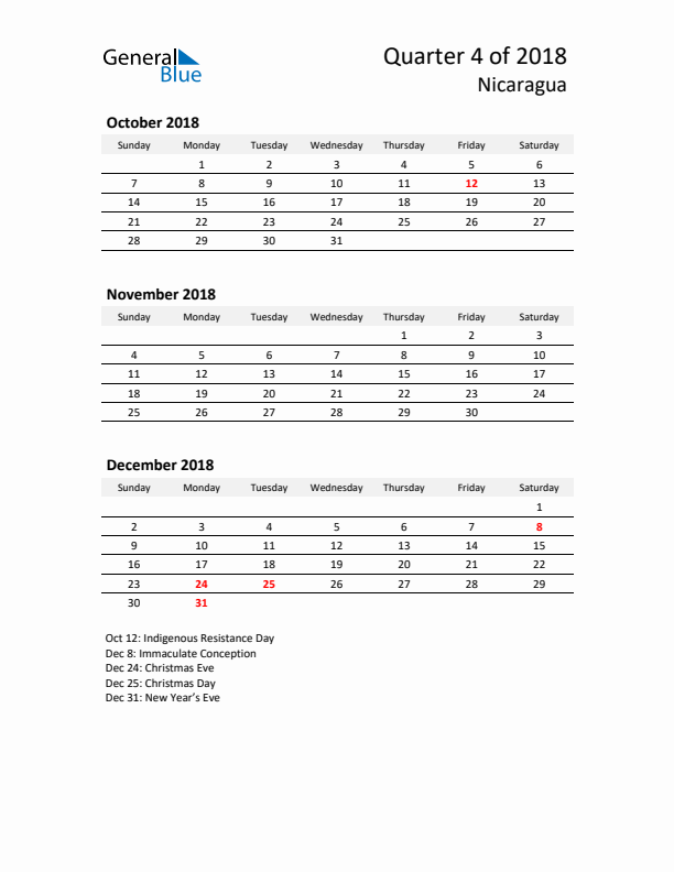 2018 Q4 Three-Month Calendar for Nicaragua