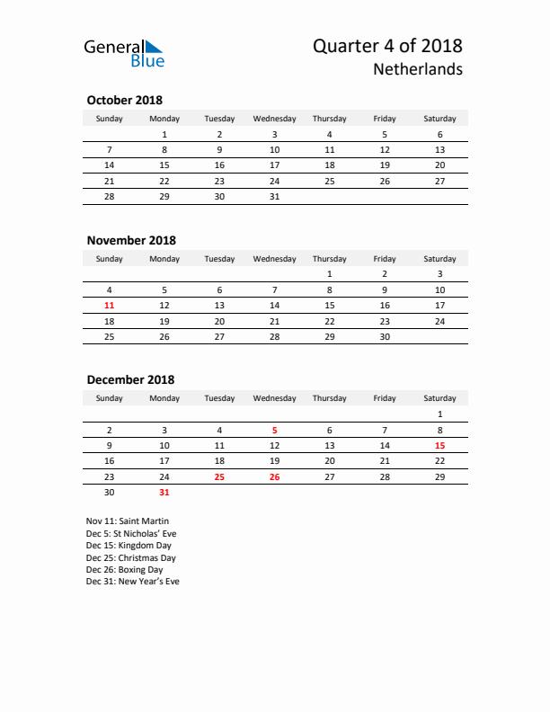 2018 Q4 Three-Month Calendar for The Netherlands