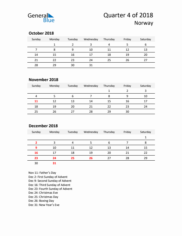 2018 Q4 Three-Month Calendar for Norway