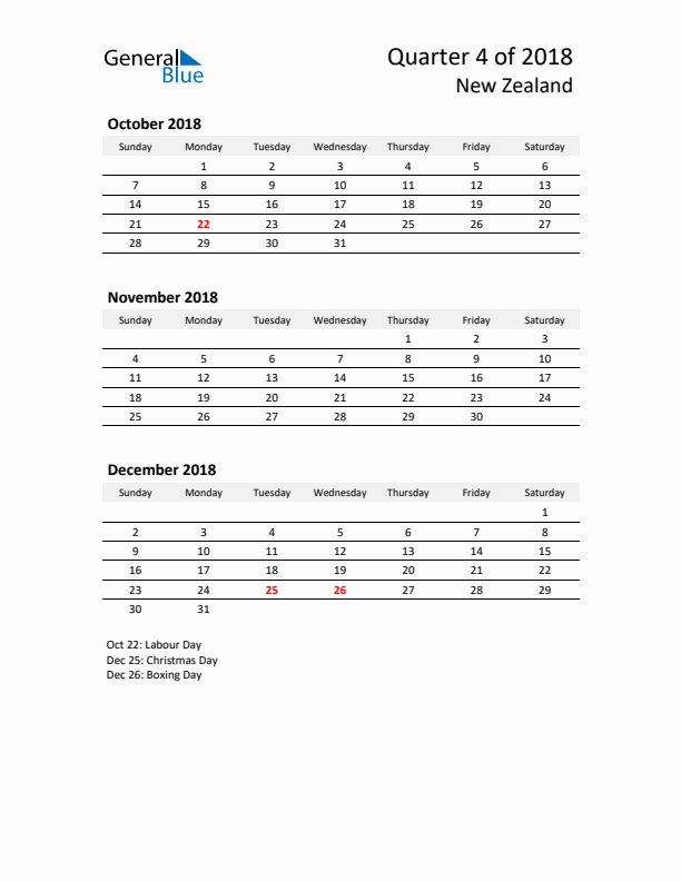 2018 Q4 Three-Month Calendar for New Zealand