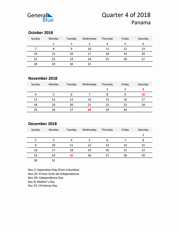 2018 Q4 Three-Month Calendar for Panama