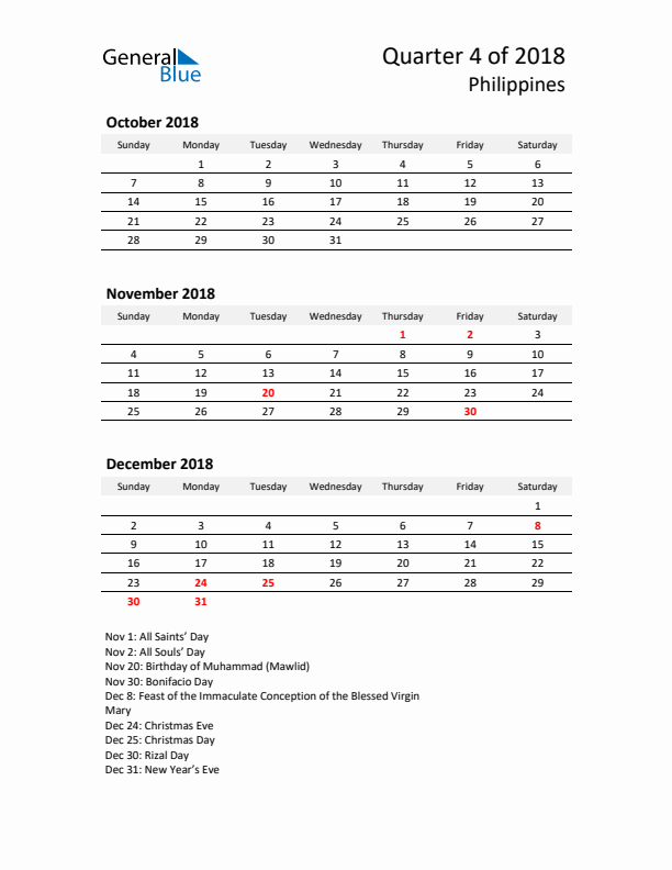 2018 Q4 Three-Month Calendar for Philippines