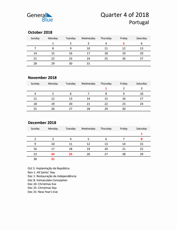 2018 Q4 Three-Month Calendar for Portugal