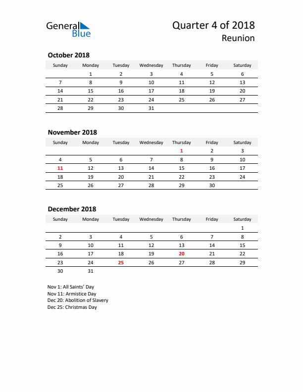 2018 Q4 Three-Month Calendar for Reunion