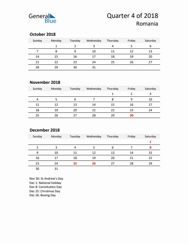 2018 Q4 Three-Month Calendar for Romania