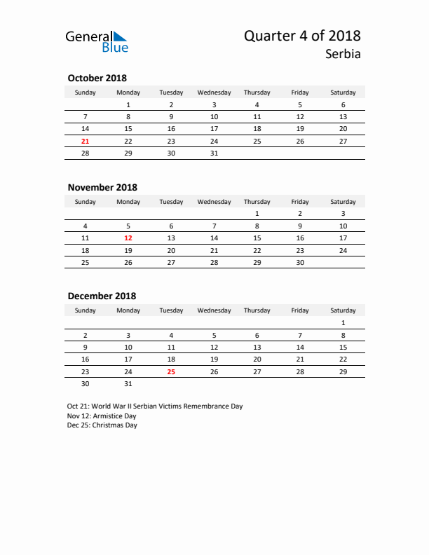 2018 Q4 Three-Month Calendar for Serbia