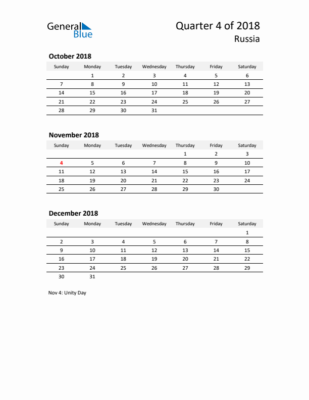 2018 Q4 Three-Month Calendar for Russia