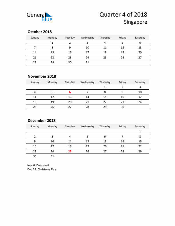 2018 Q4 Three-Month Calendar for Singapore