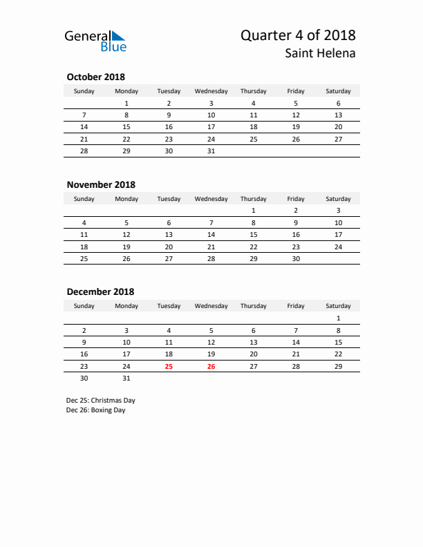 2018 Q4 Three-Month Calendar for Saint Helena