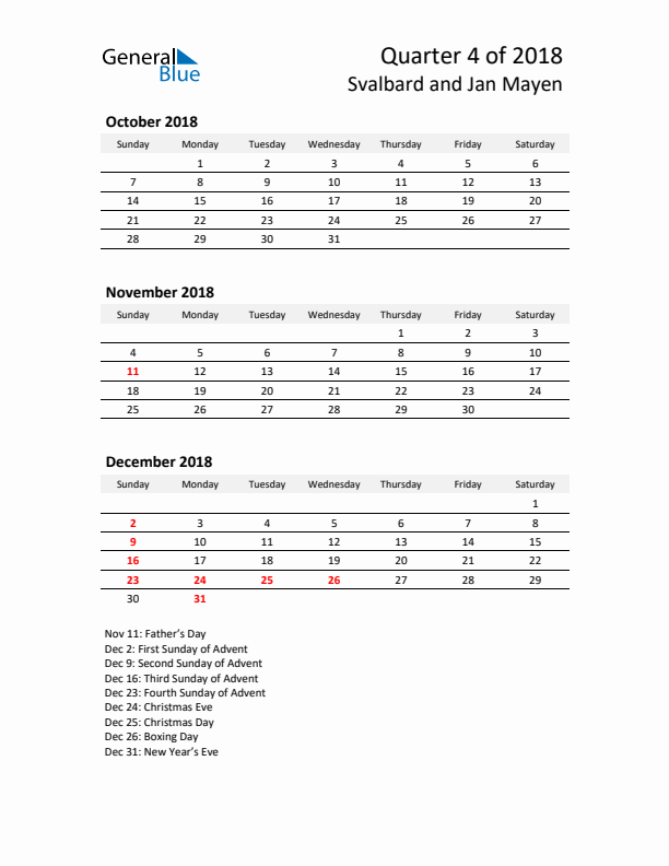 2018 Q4 Three-Month Calendar for Svalbard and Jan Mayen