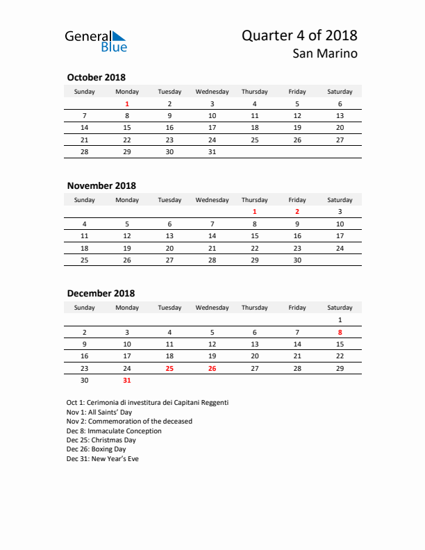 2018 Q4 Three-Month Calendar for San Marino