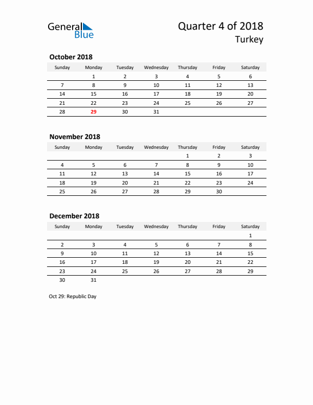 2018 Q4 Three-Month Calendar for Turkey