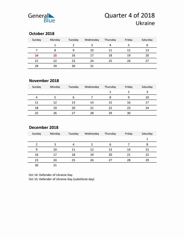 2018 Q4 Three-Month Calendar for Ukraine