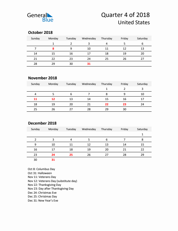 2018 Q4 Three-Month Calendar for United States