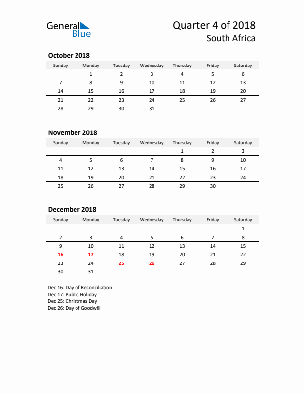 2018 Q4 Three-Month Calendar for South Africa