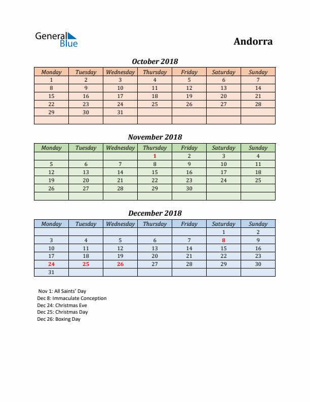 Q4 2018 Holiday Calendar - Andorra