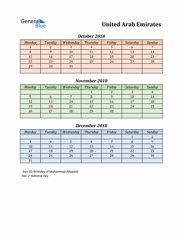 Q4 2018 Holiday Calendar - United Arab Emirates