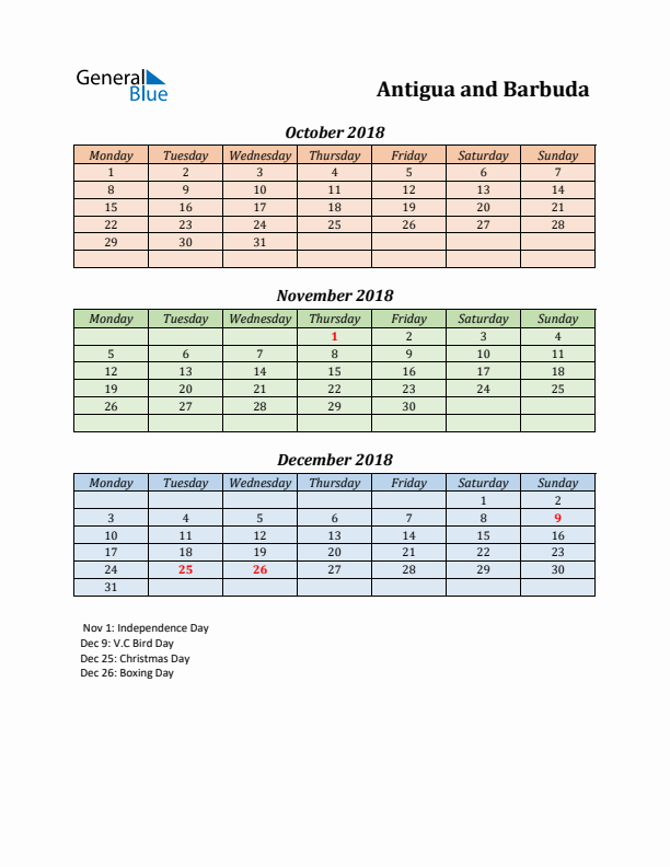 Q4 2018 Holiday Calendar - Antigua and Barbuda