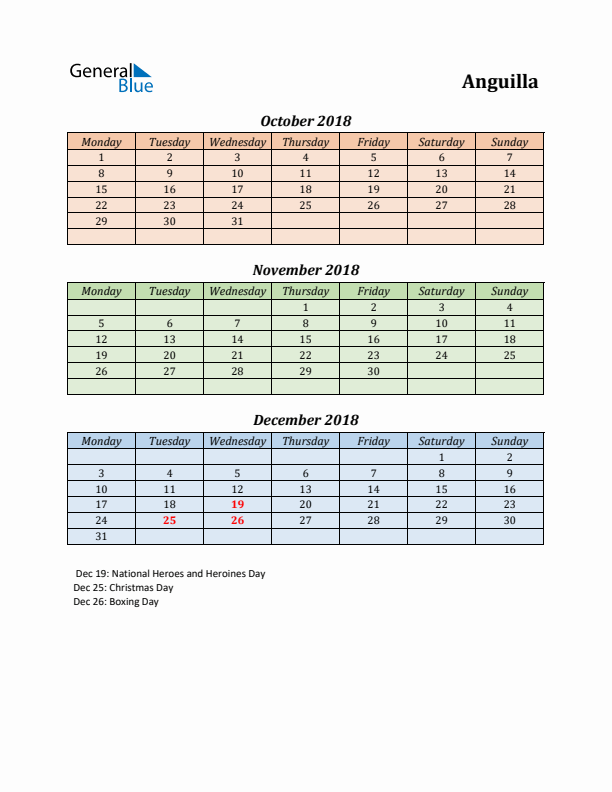 Q4 2018 Holiday Calendar - Anguilla