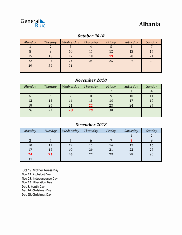 Q4 2018 Holiday Calendar - Albania