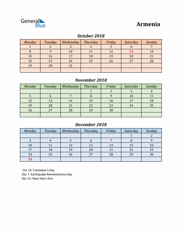 Q4 2018 Holiday Calendar - Armenia