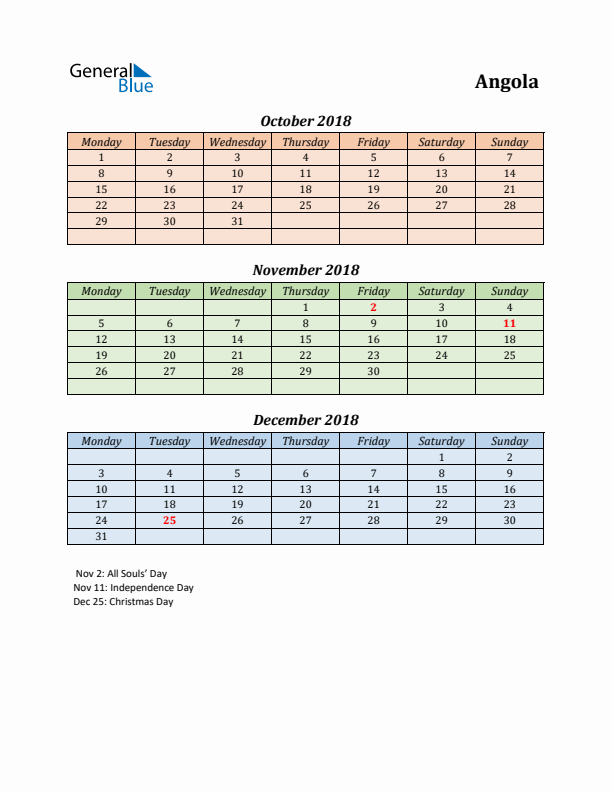 Q4 2018 Holiday Calendar - Angola