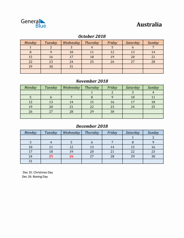 Q4 2018 Holiday Calendar - Australia