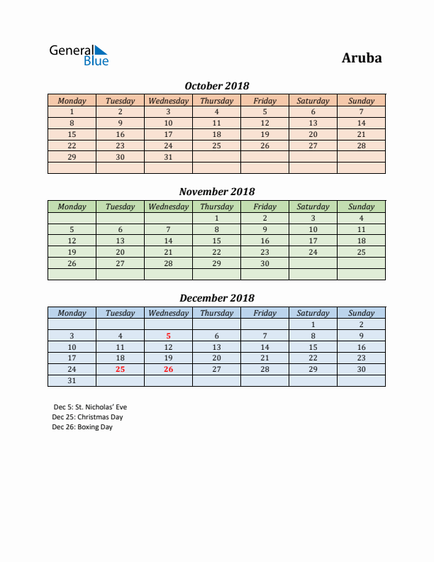 Q4 2018 Holiday Calendar - Aruba