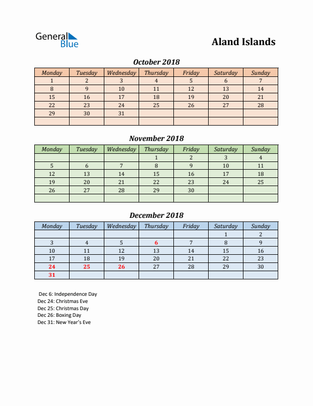 Q4 2018 Holiday Calendar - Aland Islands