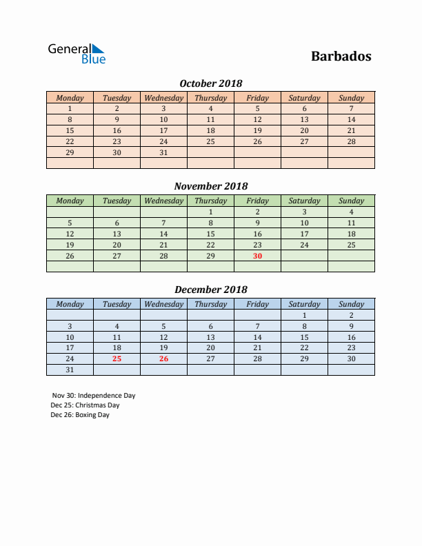 Q4 2018 Holiday Calendar - Barbados