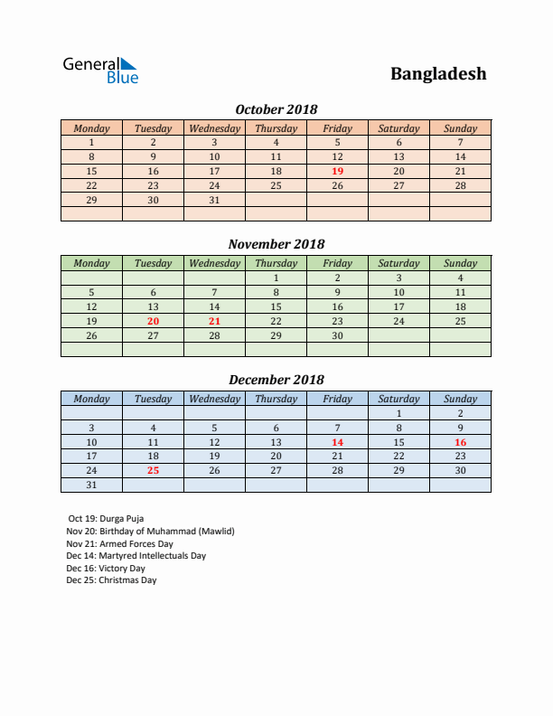 Q4 2018 Holiday Calendar - Bangladesh