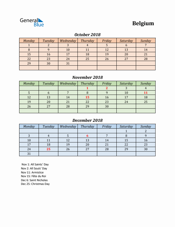 Q4 2018 Holiday Calendar - Belgium