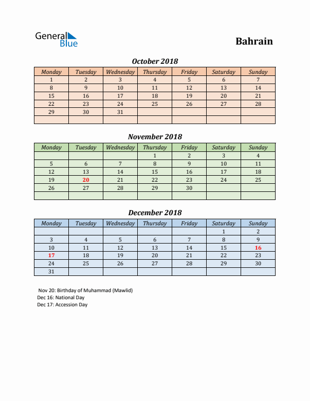 Q4 2018 Holiday Calendar - Bahrain