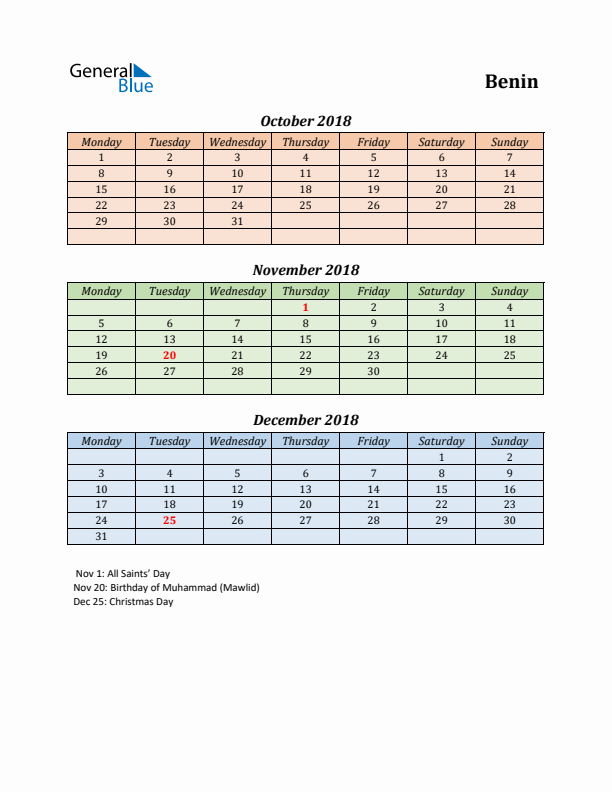 Q4 2018 Holiday Calendar - Benin