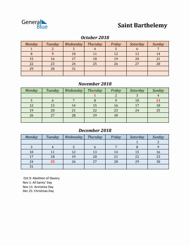 Q4 2018 Holiday Calendar - Saint Barthelemy