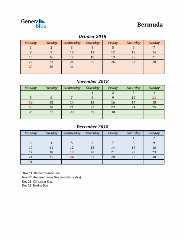 Q4 2018 Holiday Calendar - Bermuda