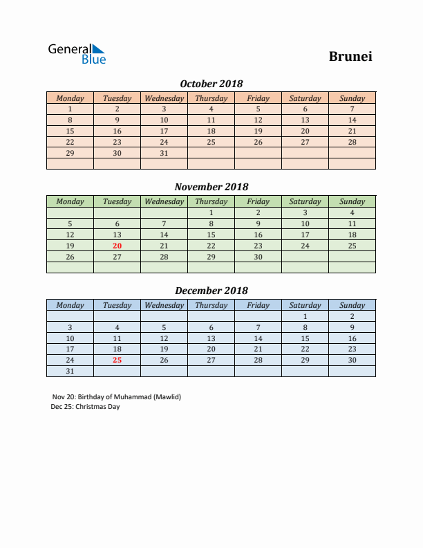 Q4 2018 Holiday Calendar - Brunei