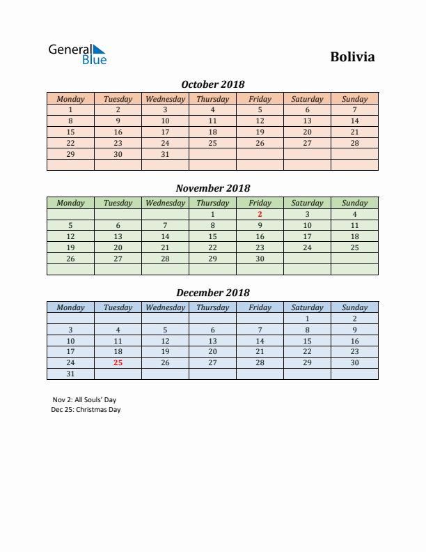 Q4 2018 Holiday Calendar - Bolivia