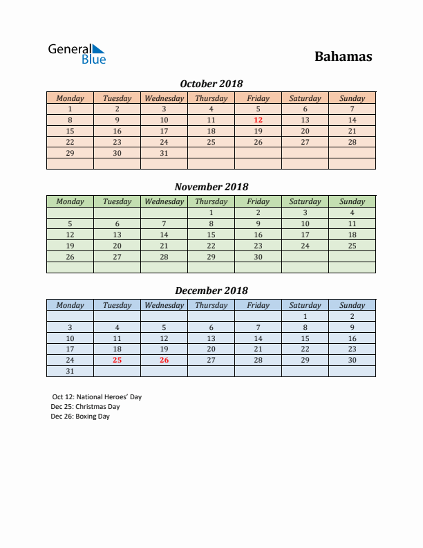 Q4 2018 Holiday Calendar - Bahamas