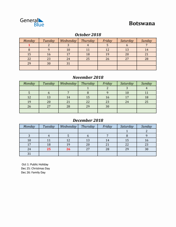 Q4 2018 Holiday Calendar - Botswana