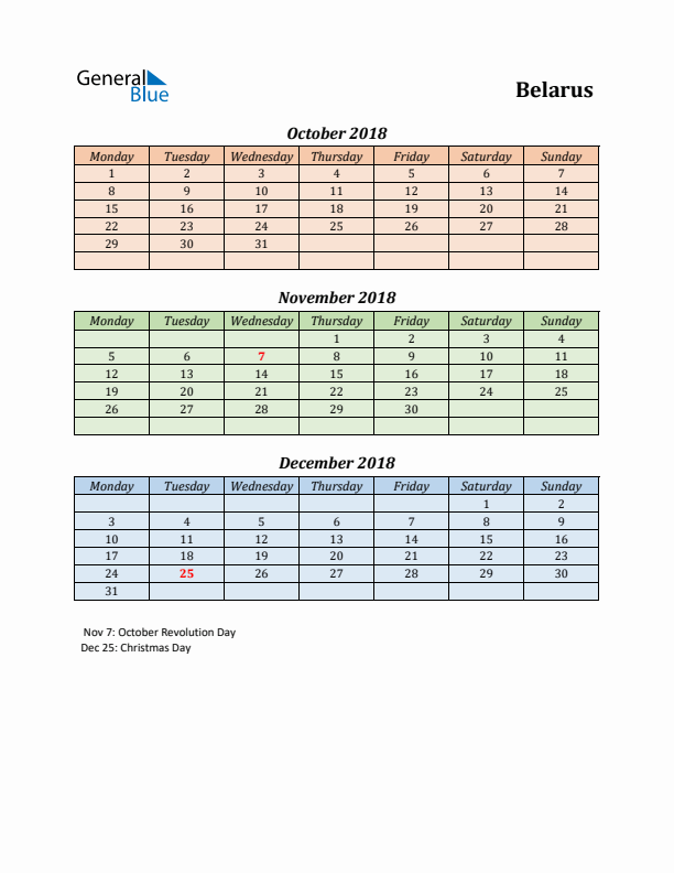 Q4 2018 Holiday Calendar - Belarus